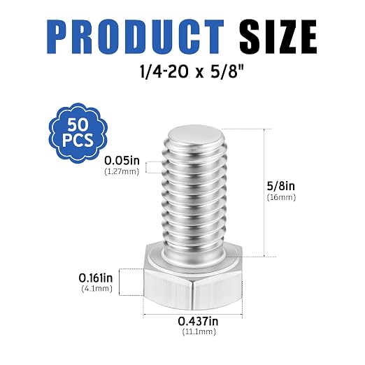 Zonon 50 Pcs 1/4-20 x 5/8" Hex Head Screw Bolt 18-8 (304) Stainless Steel Hexagon Bolts, Fully Threaded, Plain Finish, External Hex Drive (Silver)