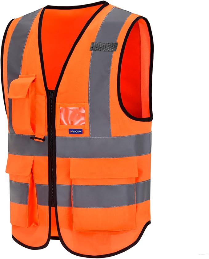 A-SAFETY ANSI/ISEA Standard Class 2 Hi-Vis Vest, 7 Pockets, Zip, Orange, L | Orange L Class 2 safety vest with 7 pockets, black front zipper and reflective strips for road work and traffic control.