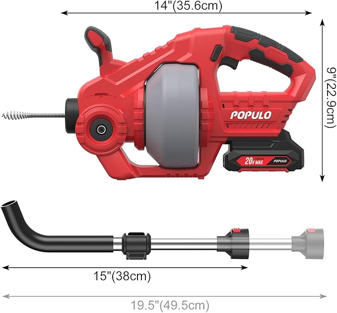 POPULO 20V Electric Cordless Drain Snake,25Ft Drain Auger with 2.0Ah Battery,Extension Tube and Charger,Snake Drain Clog Remover Tool for Toilet,Floor Drain,Sink and Shower 3/4"-2" Pipe
