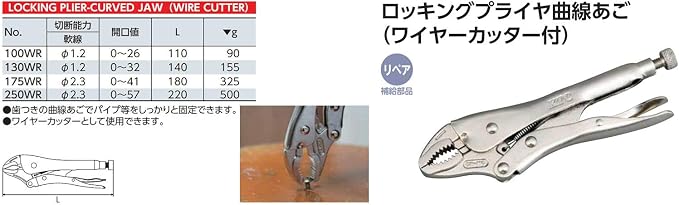 KYOTO TOOL (KTC) Locking Pliers Curved Chin (with Wire Cutter) 100WR