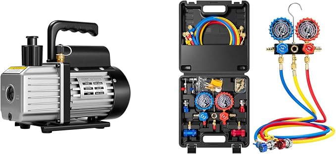 VIVOHOME 3.5 CFM 1/4 HP HVAC Vacuum Pump 110V for AC Refrigerant Systems with Oil Bottle and HVAC Manifold Gauge Set for R134a R1234yf R410a R32 with 5ft Hoses Quick Couplers