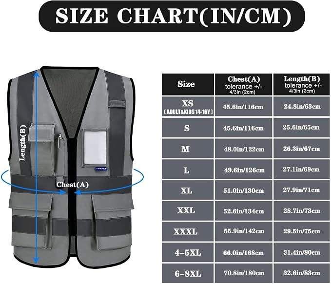 A-SAFETY high visibility reflective vest grey | Grey M Polyester work vest with 7 pockets, black front zipper and reflective strips for project management and surveying.