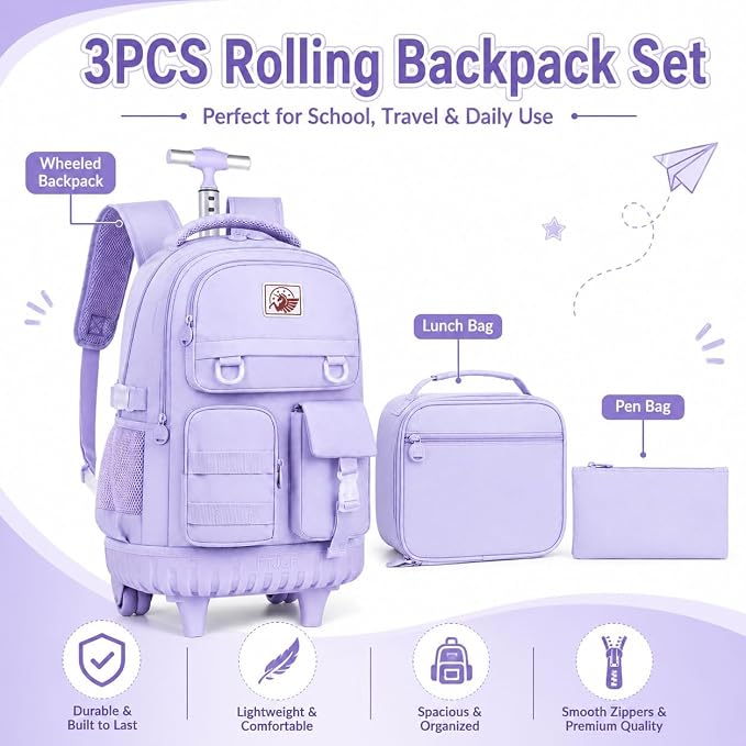 CCJPX Rolling Backpack for Girls Women, 21 inch Roller Wheels School Bookbag, Wheeled Suitcase Backpacks with Lunch Bag for Teen - Purple