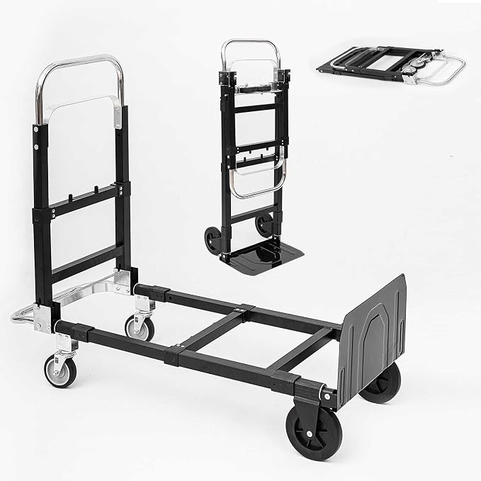 3-in-1 Foldable Hand Truck, 600lbs Heavy Duty Multi-Purpose Compact Dolly Cart with 4 Rubber Wheels, Adjustable Flatbed Folding Cart is Deal for Luggage Handling, Travel, Moving, Shop, and Office Use
