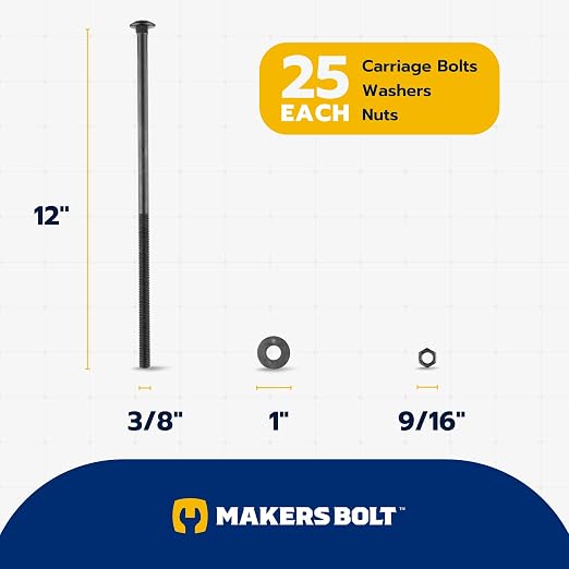 3/8" x 12" (25 Pack) Black Carriage Bolt Kit, Grade 307A, Ceramic Coated for Exterior Use, 2X Rust Resistance of Galvanized by Makers Bolt