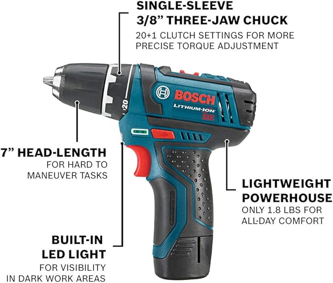 BOSCH CLPK22-120 12V Max Cordless 2-Tool 3/8 in. Drill/Driver and 1/4 in. Impact Driver Combo Kit with 2 Batteries, Charger and Case & Bosch MS4041 41-Piece Drill and Drive Bit Set