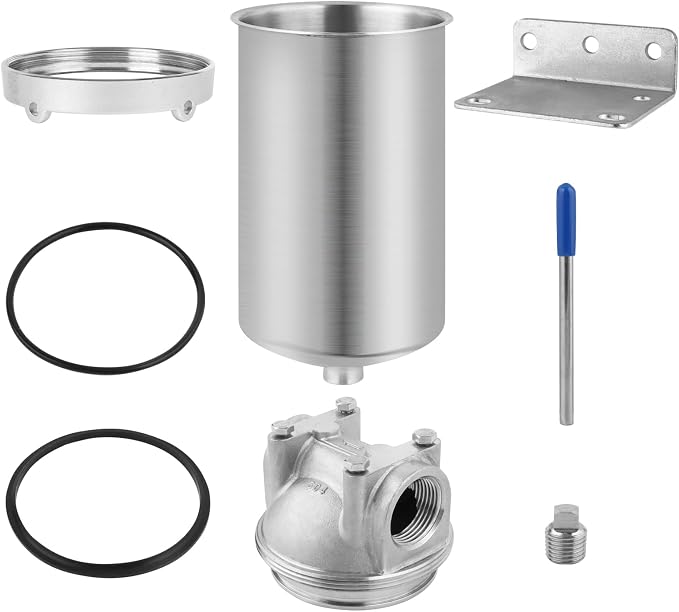 NSF/ANSI 42 Stainless Steel Whole House Water Filter Housing, 5" x 2.5" Sediment Water Filter System for Heavy Duty, Well & City Water, 1/2" NPT Port, Drain Valve Style C(Square Head)