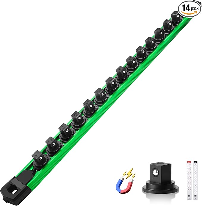 Reniteco Magnetic Socket Organizer, 3/8" Drive Aluminum Alloy Socket Rail, Heavy Duty Magnetic Socket Holder with 14PC 360° Swivel Removable Clips, Magnetic Socket Rack for Tool Box Drawer, Green
