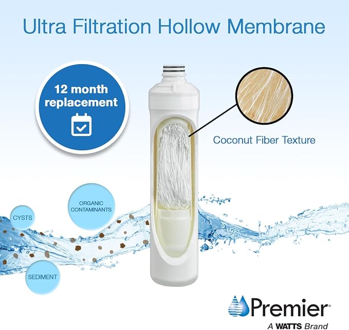 Watts Premier Pure UF-3 Membrane Filter for RO Pure Reverse Osmosis System, 0.2-Micron Water Filter Replacement, Push Button Assembly, Reduces Sediments and Particles
