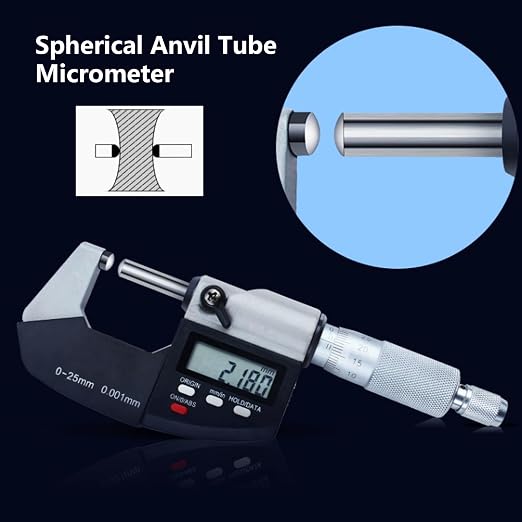 Tube Micrometer Dual Ball Anvil Digital Electronic Micrometer Measuring Tool, Inch/Metric, 0-1"/0-25mm