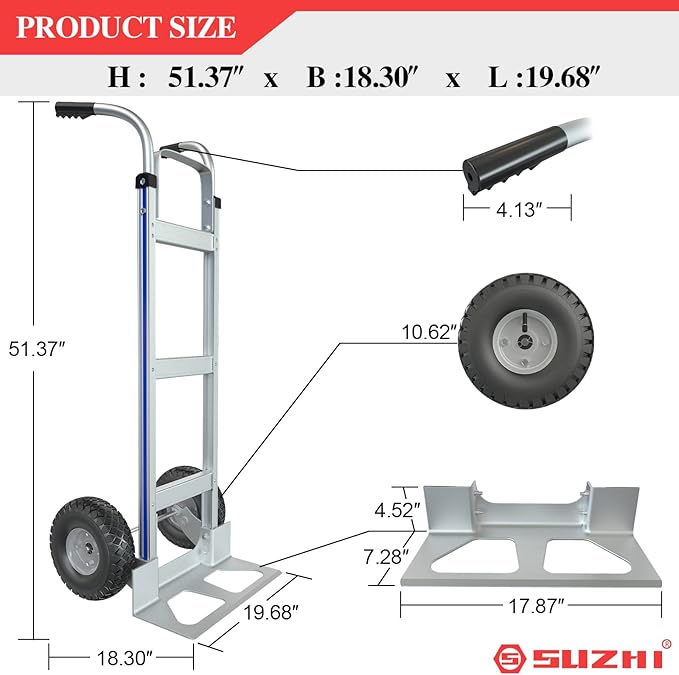 Suzhi Two Large Wheel Hand Truck Dolly Cart with Wheels Heavy Duty/with 2 Wheels / 600Lbs Load, 2 Straps for Furniture/Appliance/Carton/Warehouse/Office /10 Minutes to Install as Video