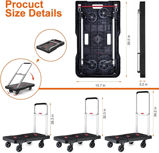 Folding Hand Truck Platform Truck 330 Lb Heavy Duty Dolly Cart | Fully Folded Push Cart, Portable Trolley Utility Cart for Easy Storage, Garage Moving Shopping Home Office