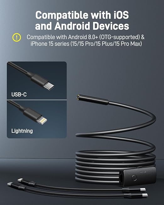 Anykit Endoscope Camera with Light, 1920P HD Borescope with 8 Adjustable LED Lights, Semi-Rigid Snake Camera with Light, IP67 Waterproof Inspection Cam for iPhone & Android, 9.8 ft Single Lens
