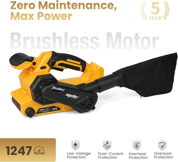 Brushless Cordless Belt Sander Compatible with Dewalt 20V Battery(Tool Only), 3x18in Power Sander, 6-Speed, 1247 SFPM, Lock-on Button, Dust Bag & Vacuum Adapter for Woodworking