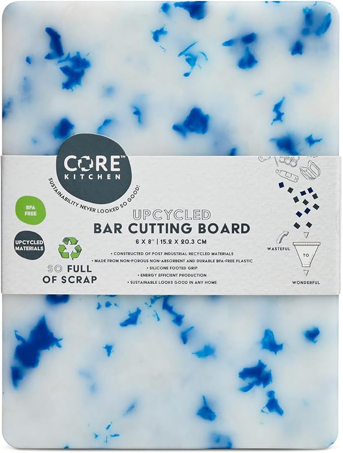 Core Home Upcycled BPA Free 6 x 8 Inch Made of Post Industrial Recycled Plastic Materials Charcuterie Platter Non-Slip Chopping Cutting Board, Blue Confetti