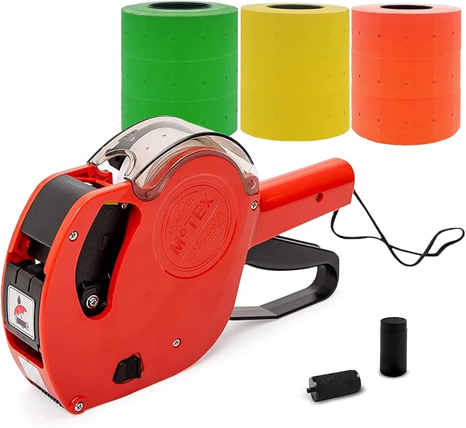 Motex Genuine MX-5500NEW 1 Line 8 Digits Price Tag Gun Kit - Includes 10,000 Blank Labels (White + Red + Yellow + Green) and 1 Pre-Loaded Inker with 1 Ink Refill