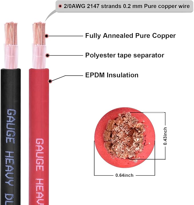 2/0 Gauge Battery Cable, 5FT Red + 5FT Black 2/0 AWG Pure Copper Wire Welding Cable, for Automotive, Battery, Solar and Generator, Standard USA OFC Wire