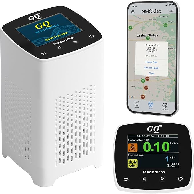 GQ Radon Detector New Version V2.0 Radon Pro 2-in-1 Radon Monitor Nuclear Radiation Detector Geiger Counter simultaneously Detection Fast Accurate Color Simple Display Made in USA