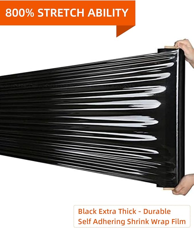 Black Stretch Wrap Film, Shrink Wrap 18in x 1500ft 4 Pack, Heavy Duty Privacy Pallet Wrap | Black film, Self-Adhesive Cling,, 80 Gauge Industrial Strength, for Privacy Moving Packing Shipping