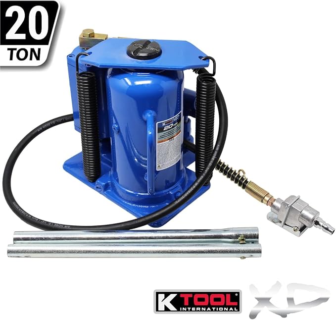 K Tool International XD63228 20 Ton Air/Hydraulic Bottle Jack for Garages, Repair Shops, and DIY, 44,000 lbs. Capacity, Lift Range 10.43"-19.88", Heavy Duty Steel, Load-limiting/Bypass Valves, Blue