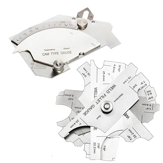 Weld Gauge Set Stainless Steel 0-60mm Cam Type Gauge and 3.2mm-25.4mm 1/8''-1'' Weld Fillet Gauge with Bag Imperial Metric Measurement Welding Gauge