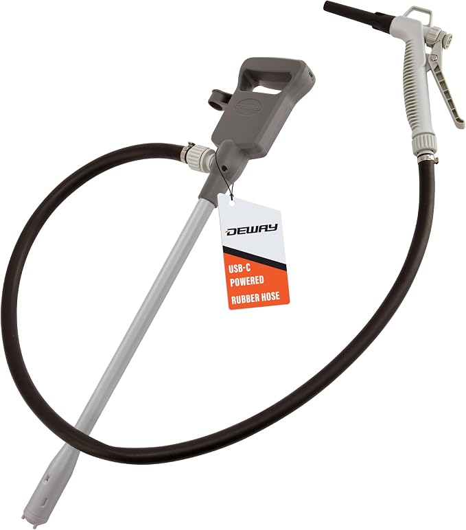 Deway Automatic Fuel Transfer Pump with Nozzle for Quick Flow Control & Stop, 51" Heavy Duty Rubber Hose, Powerful AA Battery Powered w/USB-C Option, Fits All Size Cans, Transfers at 3.8 Gal/Min