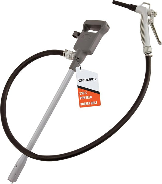 Deway Automatic Fuel Transfer Pump with Nozzle for Quick Flow Control & Stop, 51" Heavy Duty Rubber Hose, Powerful AA Battery Powered w/USB-C Option, Fits All Size Cans, Transfers at 3.8 Gal/Min