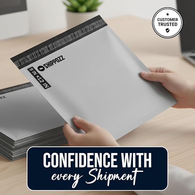 Shippozz 9x12 Poly Mailers 200 Pack, Durable Waterproof Polymailers for Shipping Clothes, Self Seal Mailing Bags for Small Business Packaging Supplies, Mailing Envelopes for Books, and Accessories