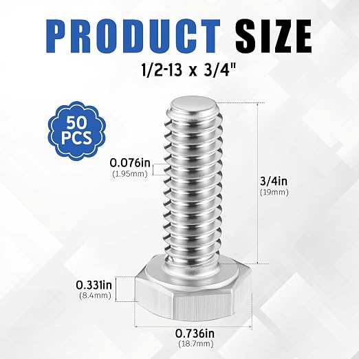 Zonon 50 Pcs 1/2-13 x 3/4" Hex Head Screw Bolt 18-8 (304) Stainless Steel Hexagon Bolts, Fully Threaded, Plain Finish, External Hex Drive (Silver)