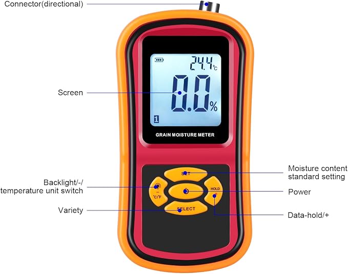Digital Grain Moisture Meter for Wheat Corn Rice Peanut Soybean, Grain Humidity Meter, Portable LCD Display Hay Moisture Tester, Multifunctional Moisture Meter Probe Humidity Tester