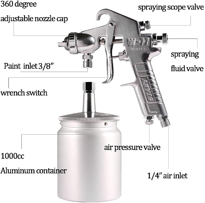 W77 Siphon Feed Spray Gun with 1000cc Cup, 2.5mm Nozzle Spray Gun, Silver Handle