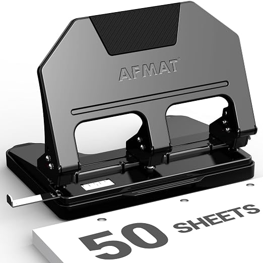 AFMAT 3 Hole Punch Heavy Duty, 9/32" Hole Diameter, 50-Sheet 3 Hole Puncher for Binder, 50% Reduced Effort, Metal Three Hole Punch w/ 10,000+ Uses, Bulit-in S.S. Paper Guide, Large Chip Tray, HPX5