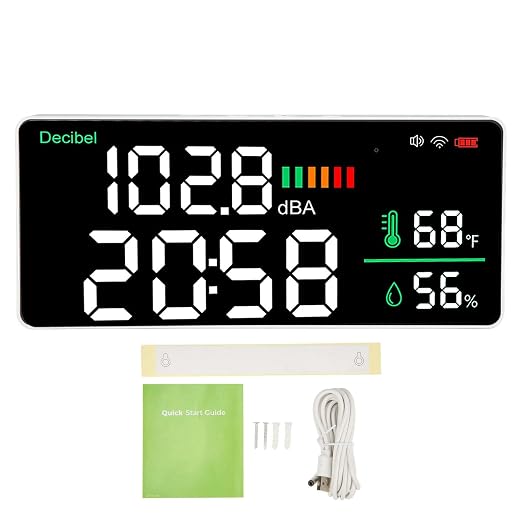 4 in 1 LED Decibel Meter Wall Mounted Sound Level Meter 11 Inch Large Display with Thermometer Hygrometer Clock for Noise Temperature Humidity Monitoring