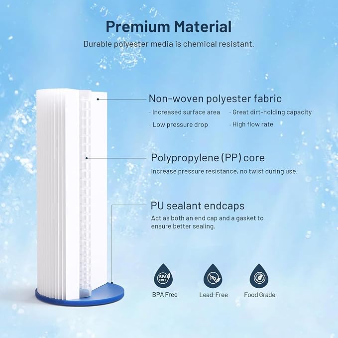 10 x 4.5 Whole House Water Filter Replacement Cartridge, 5 Micron Polypropylene & 5 Micron Pleated Sediment Filter - 6 Pack