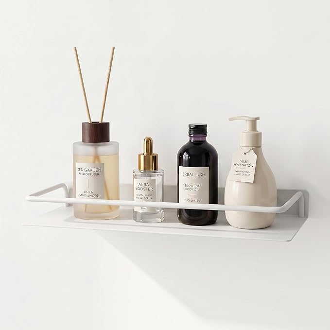 RFOUO 16 Inch White Metal Wall Shelf with Guard Rail, Wall Mounted Bathroom Shelf, Aluminum Floating-Style Display Shelf for Toiletries Spice Decor, Bedroom Kitchen Storage Organizer, 1 Pack