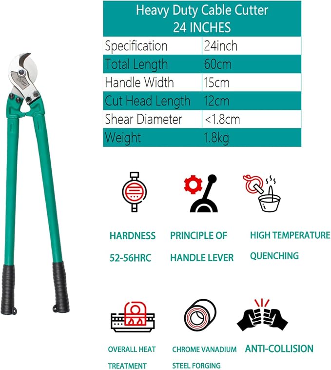 Steel Cable Cutters，24 Inch Stainless Steel Wire Rope Cutter Cuts Up to 3/8" for stainless steel rope, bike brake cable, railing cable (Green-24inch)