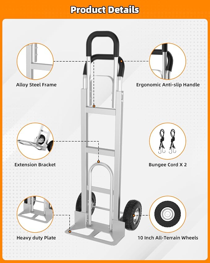 2 in 1 Hand Truck, 600 Lbs Capacity, Dolly Cart with Wheels 10" All-Terrain Tires, Heavy Duty Alloy Steel Dolly with Dual Handles, 2 Bungee Cord for Warehouse, Home, Office, Dormitory, Silver
