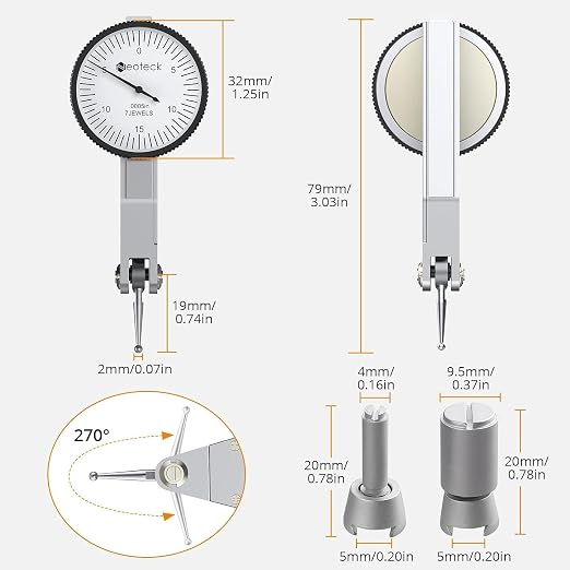 Neoteck 0-0.03"/0.0005" Test Indicator with 176lbs Pull Magnetic Base Stand | 80kg Max Pull，3/8 inch (9.52mm) Clamping Hole，Silver，Widely Used in Narrow Area Measurement，Ideal for CNC Operators