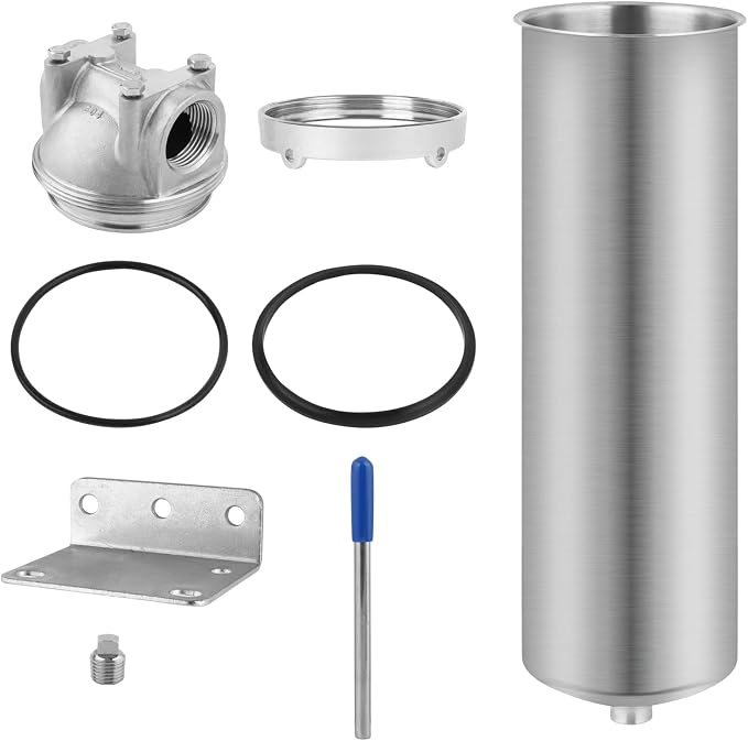 NSF/ANSI 42 Stainless Steel Whole House Water Filter Housing, 10" x 2.5" Sediment Water Filter System for Heavy Duty, Well & City Water, 3/4" NPT Port, Drain Valve Style C(Square Head)