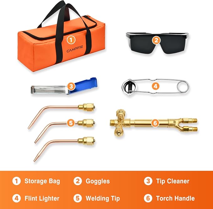 CAMPFIRE Light Duty Oxy Acetylene Torch Kit With V-Series "J" +3 Welding Tips, Welding Brazing Torch Kit Durable Brass Construction
