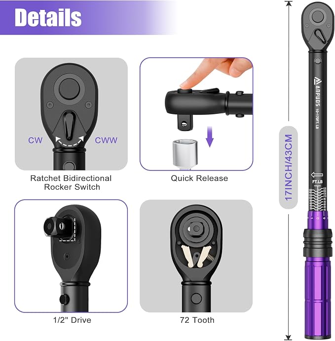 ANPUDS 1/2 Inch Drive Click Torque Wrench,10-170 Ft-Lb/13.6-230.5 Nm | Dual-direction Adjustable Torque Wrench with Dual Range Scales, 72 Tooth, ±3% High Precision for Moto, Car Maintenance
