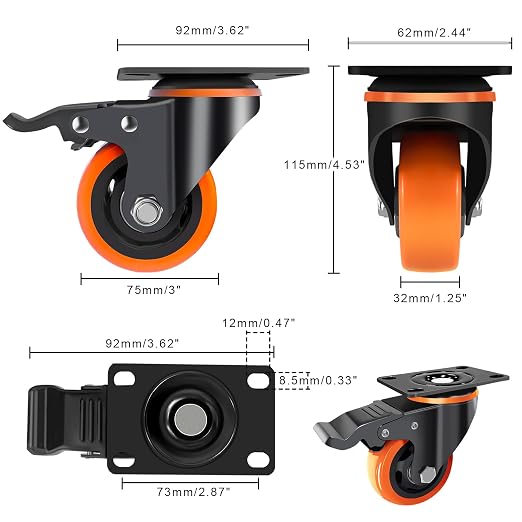 3 Inch Casters Set of 4 Heavy Duty, Caster Wheels with Safety Dual Locking, No Noise Swivel Plate Casters,Industrial Castor Wheels Sets 4 for Furniture,Workbench(Free Hardware Kits)