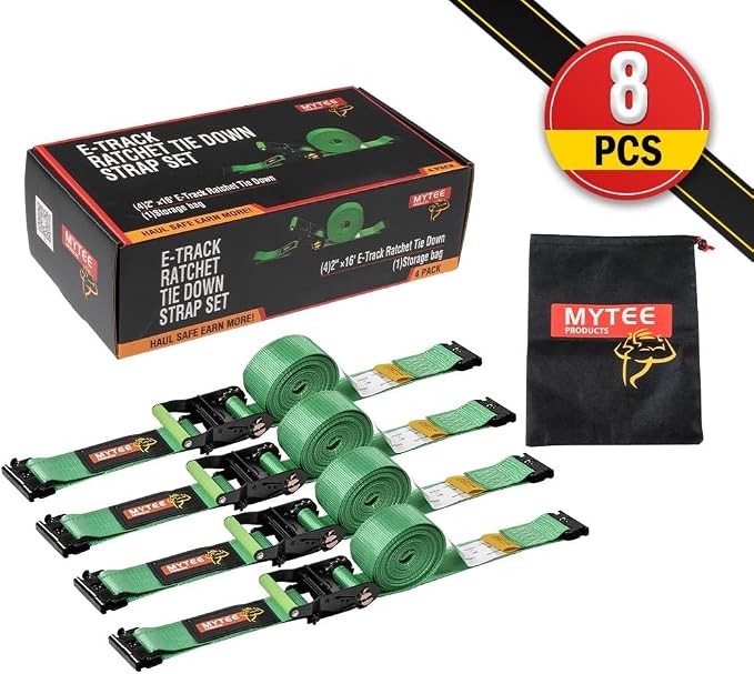 Mytee Products 8 Pack 2" x 16' Green E-Track Ratchet Tie Down Straps 1,500 lbs WLL, 4,500 lbs BS, Spring-Loaded Double Stud E-Fittings for Enclosed Trailers & Trucks, Padded Handles & Storage Bag