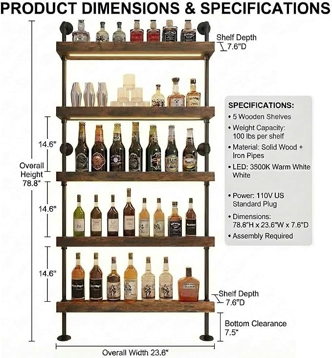 5-Tier Wall Mounted Wine Rack with LED, Industrial Pipe Bar Shelf for Wine Bottle Storage, Industrial Pipe Shelves Shelf Shelving for Home Bar Dining Room Kitchen (24INCH-LED)