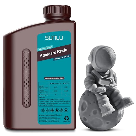 SUNLU 3D Printer Resin 1kg, Fast Curing Standard 3D Resin for LCD DLP SLA 3D Printers, 395 to 405nm UV Curing 3D Printing Liquid Photopolymer Resin, Low Shrinkage, High Precision, 1000g, Dark Grey