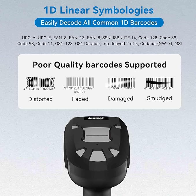 Alacrity Long Distance 1D 2D Industrial Barcode Scanner, Wireless Charging Cradle, 433Mhz Wireless & Bluetooth Barcode Reader, Shock Dust Proof Hands Free, Grey