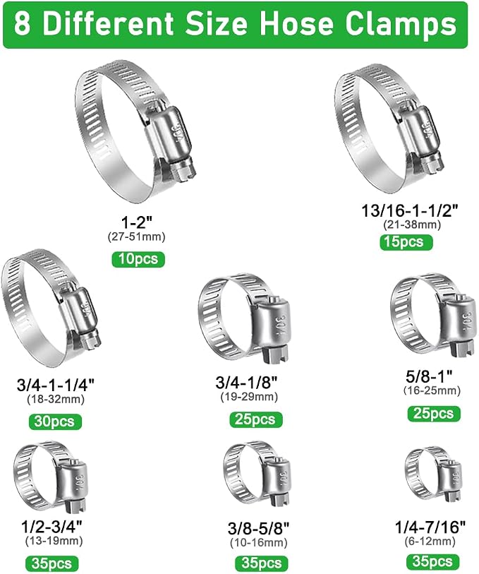 210pcs Stainless Steel Worm Gear Hose Clamps with Size 1/4"-2"(6-51mm) | Small Hose Clamp Assortment Kit Hose Fitting Clamps for Automotive Fuel Lines, Pipe, Radiator, Hoses, HVAC