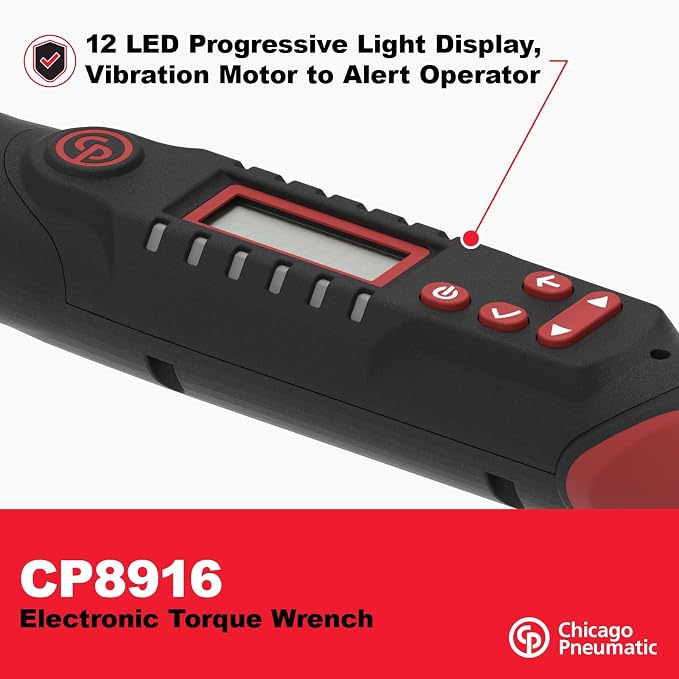 Chicago Pneumatic CP8916-1/2 Inch Digital eTorque Wrench, 15 ft-lb (20 Nm) to 147 ft-lb (200 Nm)