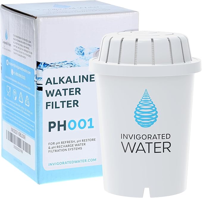 Invigorated Water PH001 Alkaline Water Filter Replacement for Pitchers & Dispensers, BPA-Free, Reduces Chlorine, Copper & Heavy Metals, Raises pH, 96 Gallons/Filter (1-Pack, White)