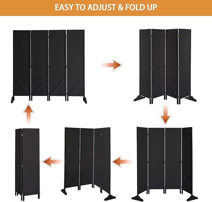 VINGLI Freestanding Pegboard with Support Feet, 5 FT Wood Room Divider Display Board Organizer, Folding Privacy Screen Partition Space Separator for Craft Shows Events Retail (Black, 4 Panel)